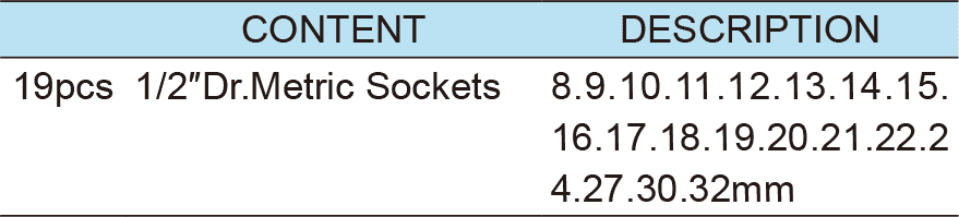 19PCS 1/2"  Dr. Socket Set, ITEM NO.:TKC48-19(1)